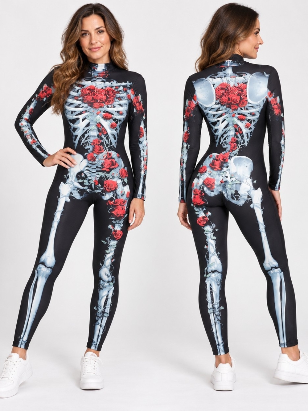 Skeleton Rose Floral Catsuit Jumpsuit Gothic Y2K Halloween Size One Size Regular